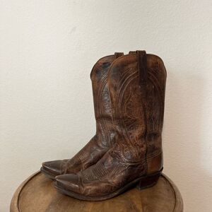 Lucchese Brown Leather Clint Antique Pearl Western Cowboy Boots Men's Size 8.5 D